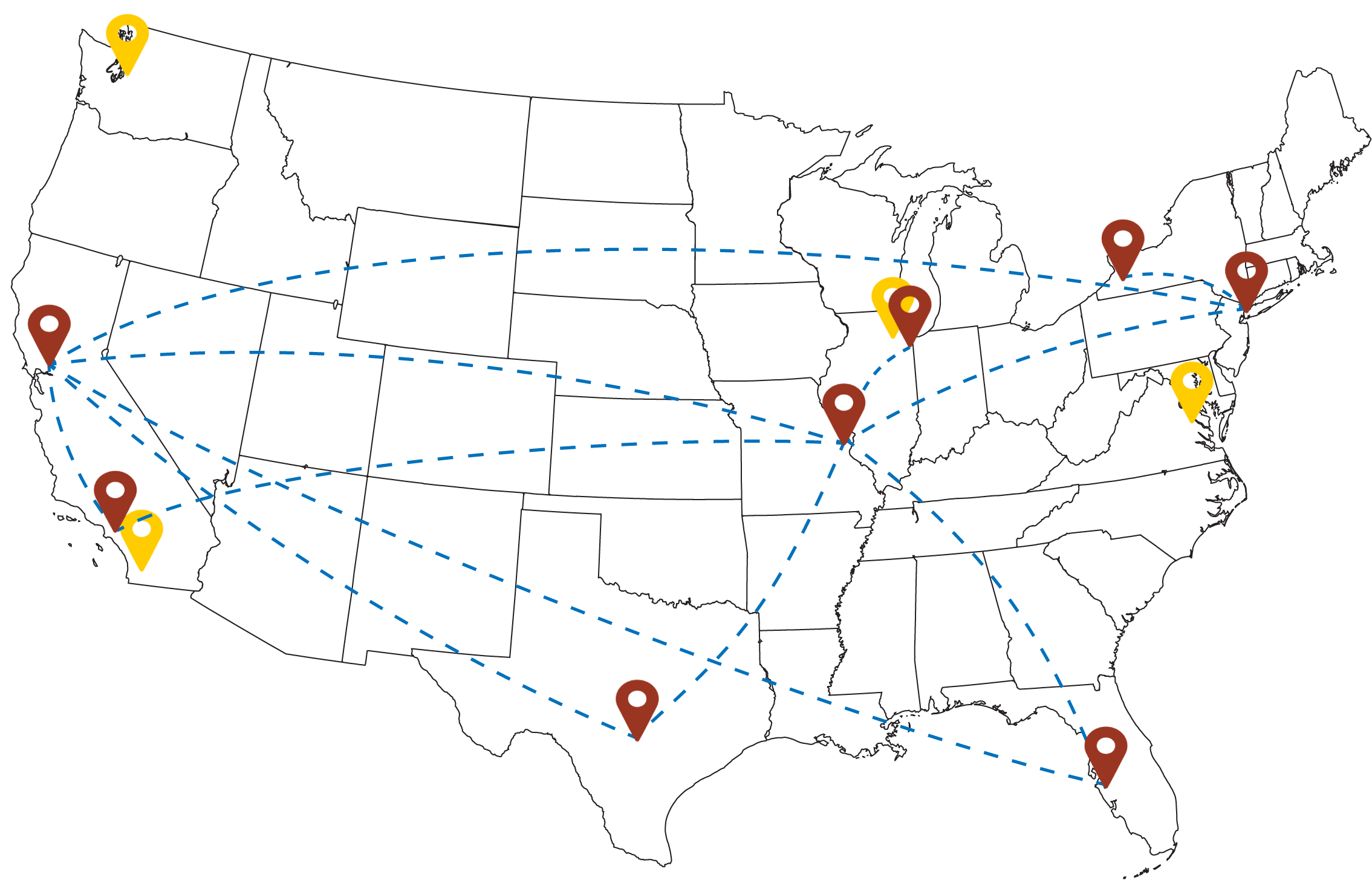 Map displaying non specified WeShip locations across the United States with lines connecting to certain locations indicating temperature controlled line haul
